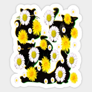 Black Cat green and yellow silhouette on top of wildflowers feelings pattern black cats  among dandelions And daisies floral bright flowers of spring and summer Sticker